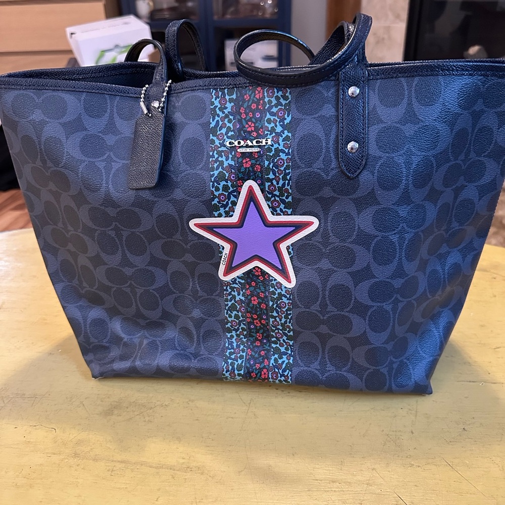 Coach Navy Tote with Purple Star Accent